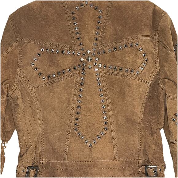 Vintage Cripple Creek Studded Suede Leather Jacket Cross Design Brown Size Small - Picture 7 of 9